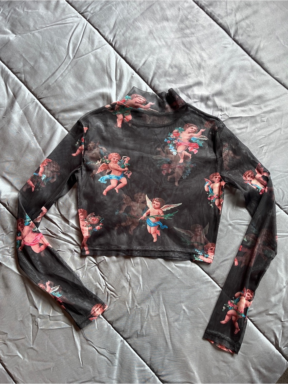 Source Unknown Black Sheer Mesh Crop Top with Pink Cherub Motif - Picture 8 of 8